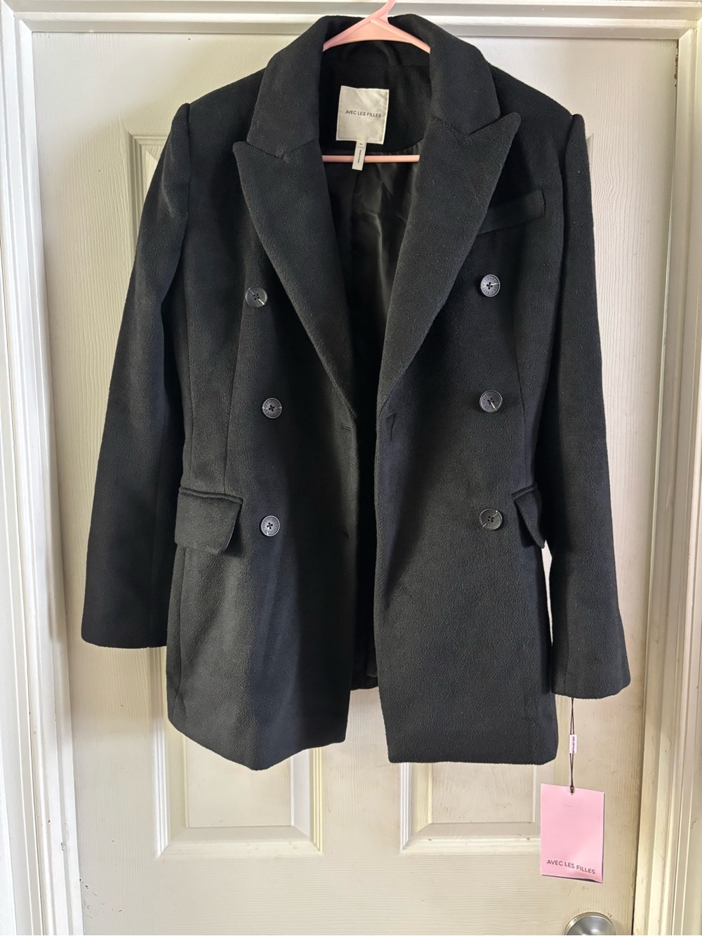 Avec Les Filles Black Double-Breasted Wool-Blend Blazer